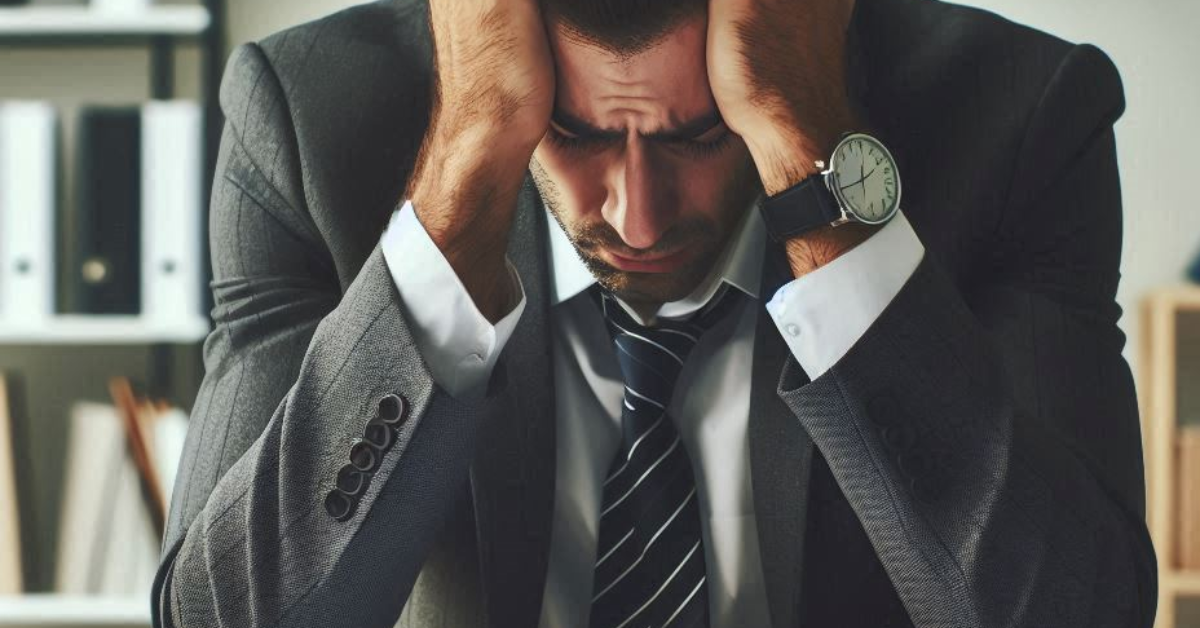 Zoomed in image of businessman with hands on his head and elbows on the table.