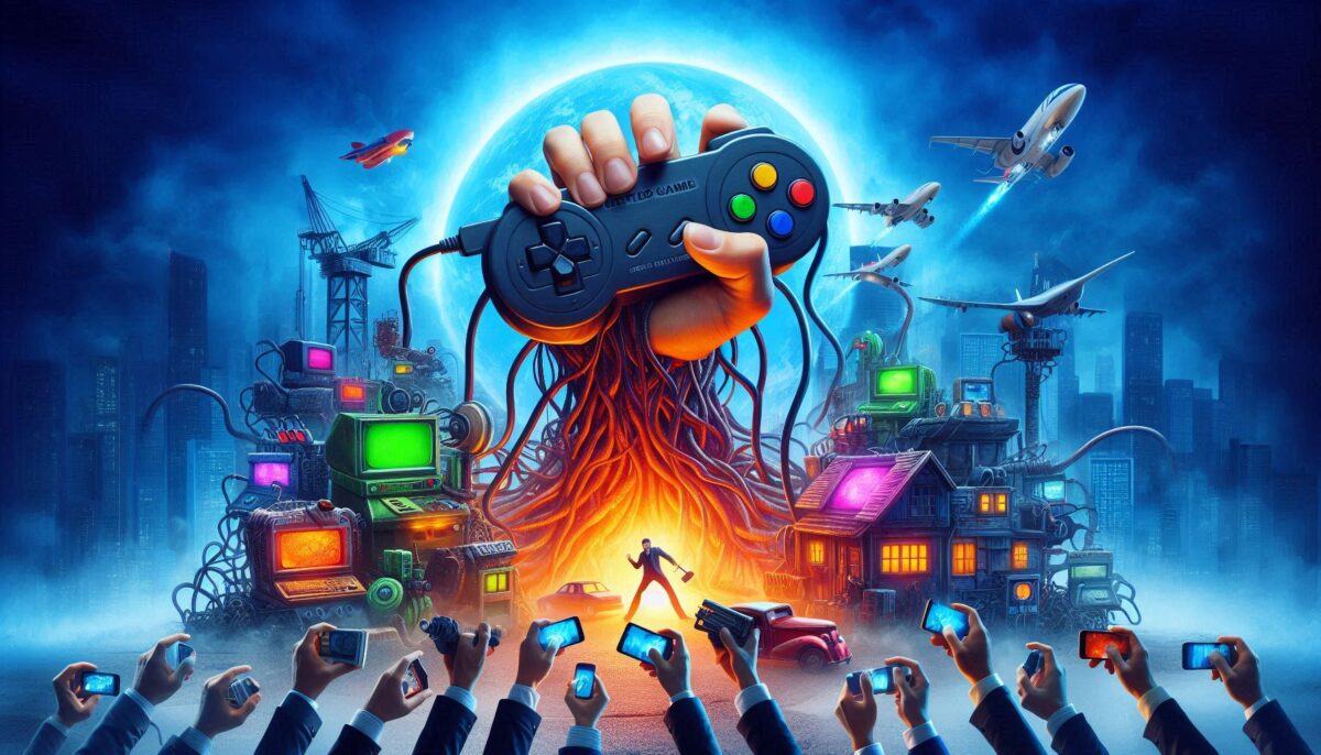 Supersized hand erupting with a gaming controller in its fist