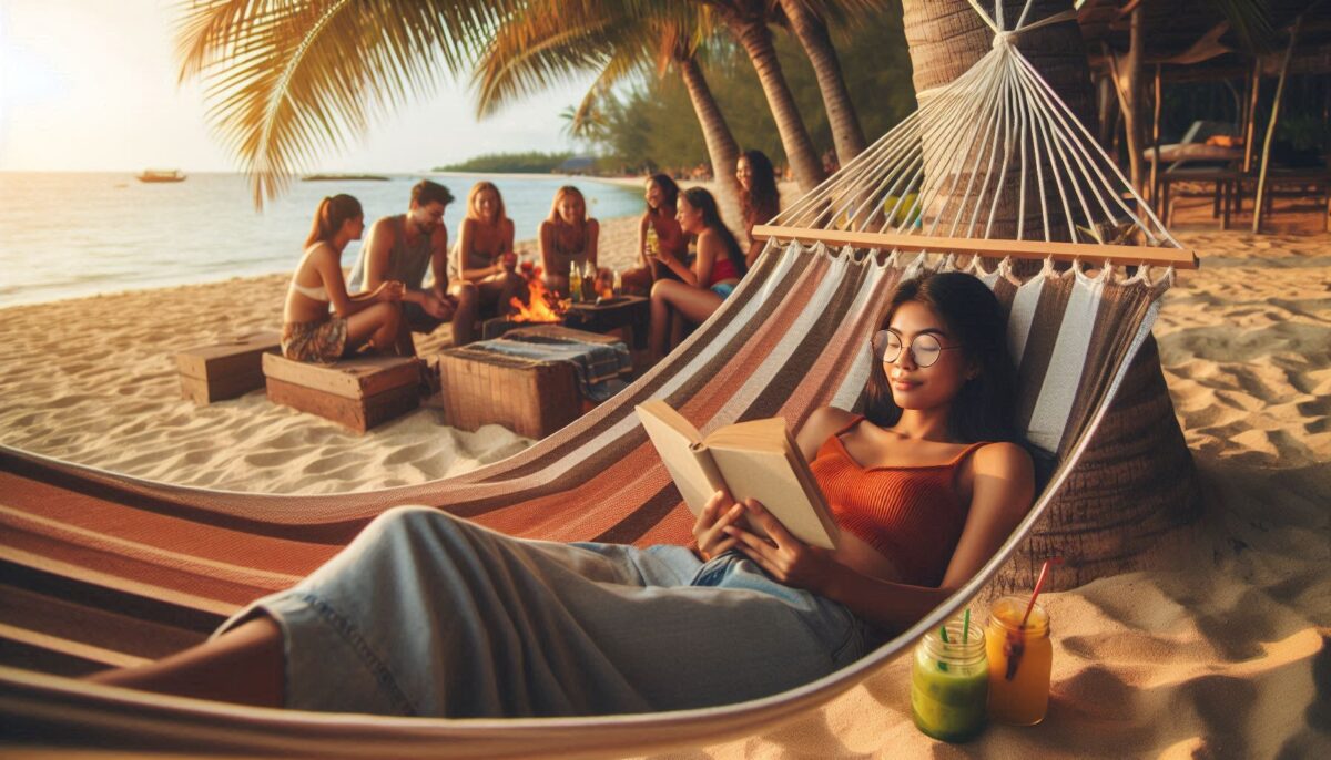 Someone relaxing in a hammock on the beach.